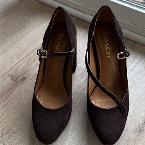 COACH Women's Mary Jane Platform Pumps Brown Suede Heels Shoes Chunky Heels.